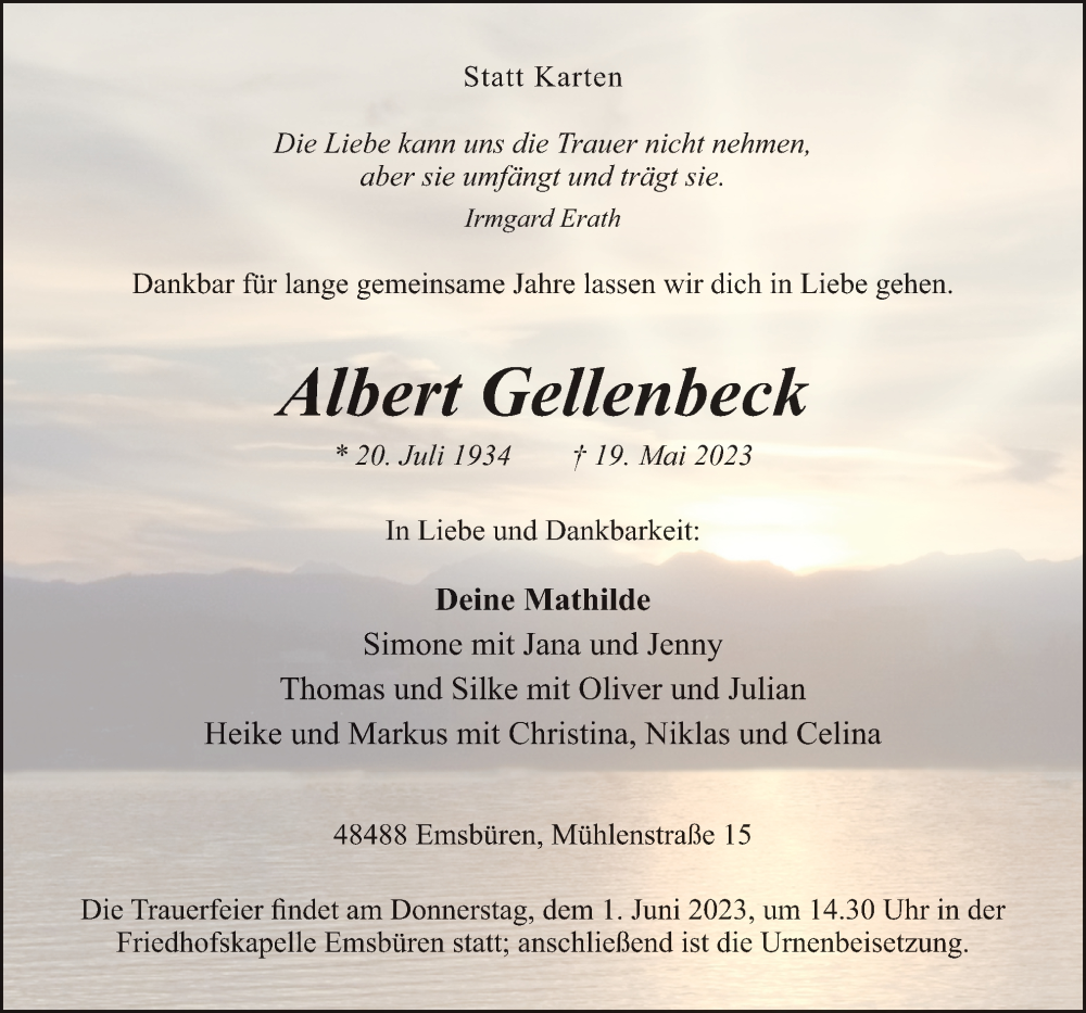  Traueranzeige für Albert Gellenbeck vom 26.05.2023 aus Neue Osnabrücker Zeitung GmbH & Co. KG