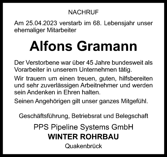 Traueranzeige von Alfons Gramann von Neue Osnabrücker Zeitung GmbH & Co. KG