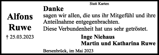 Traueranzeige von Alfons Ruwe von Neue Osnabrücker Zeitung GmbH & Co. KG