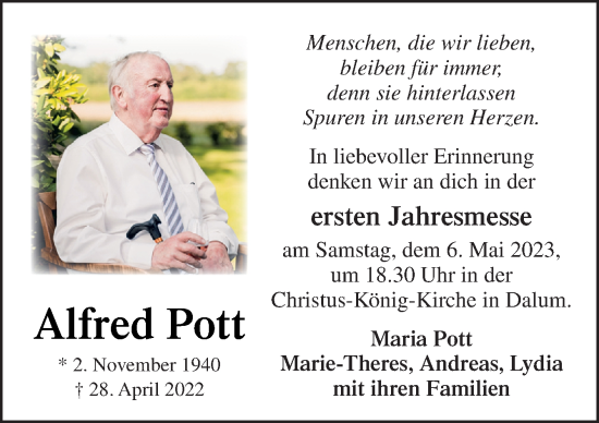 Traueranzeige von Alfred Pott von Neue Osnabrücker Zeitung GmbH & Co. KG