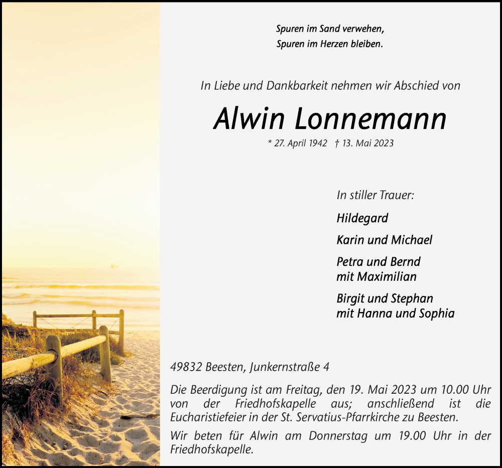  Traueranzeige für Alwin Lonnemann vom 16.05.2023 aus Neue Osnabrücker Zeitung GmbH & Co. KG