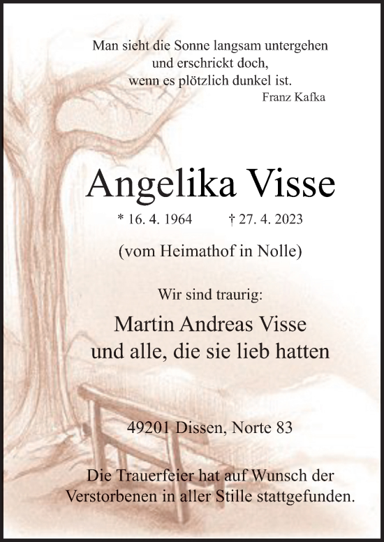 Traueranzeige von Angelika Visse von Neue Osnabrücker Zeitung GmbH & Co. KG