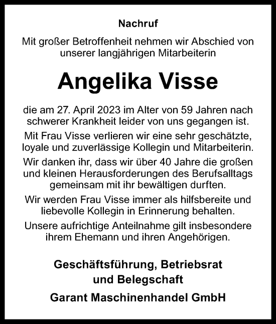 Traueranzeige von Angelika Visse von Neue Osnabrücker Zeitung GmbH & Co. KG