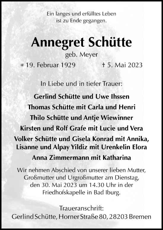 Traueranzeige von Annegret Schütte von Neue Osnabrücker Zeitung GmbH & Co. KG