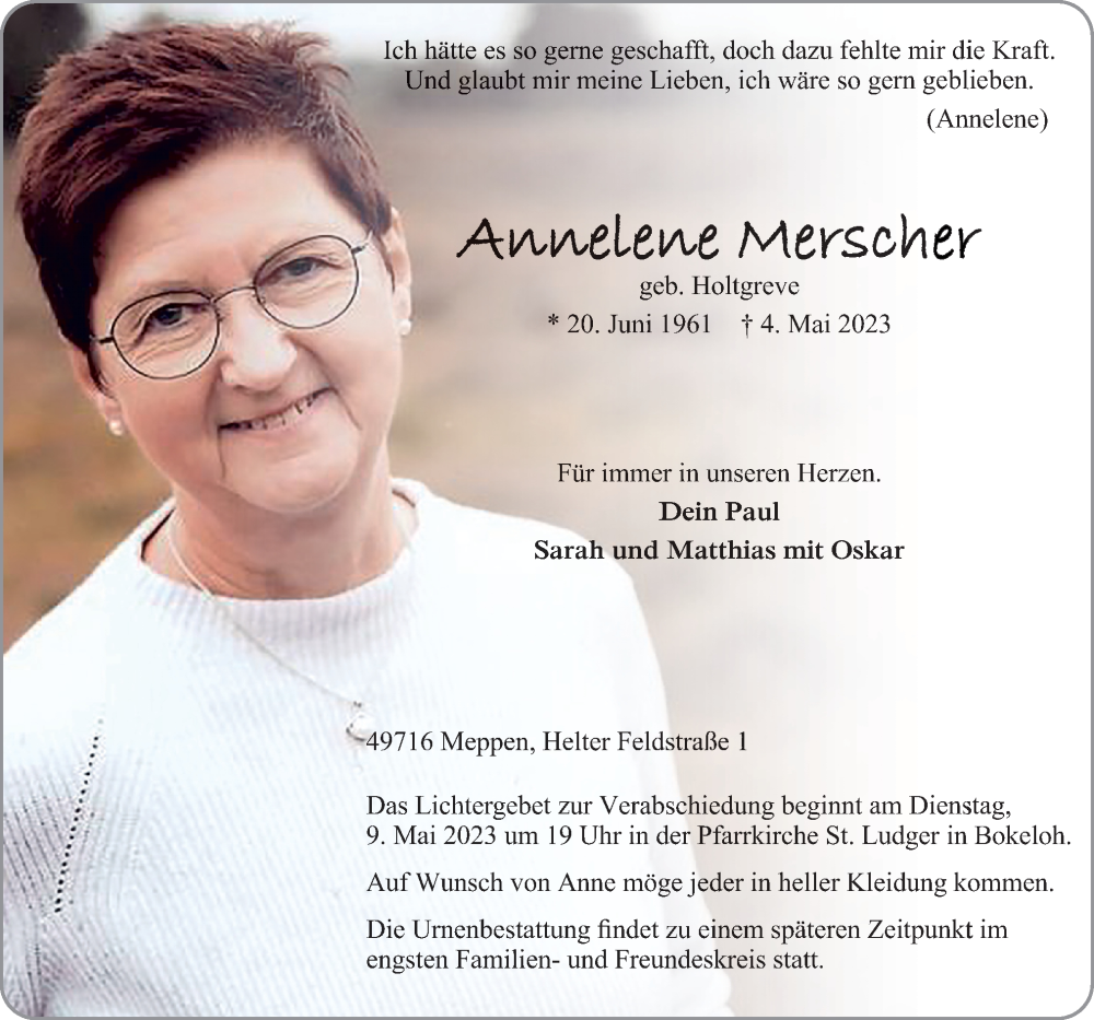  Traueranzeige für Annelene Merscher vom 06.05.2023 aus Neue Osnabrücker Zeitung GmbH & Co. KG