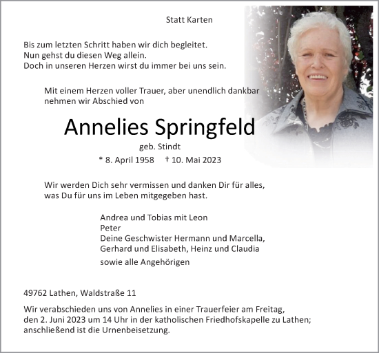 Traueranzeige von Annelies Springfeld von Neue Osnabrücker Zeitung GmbH & Co. KG