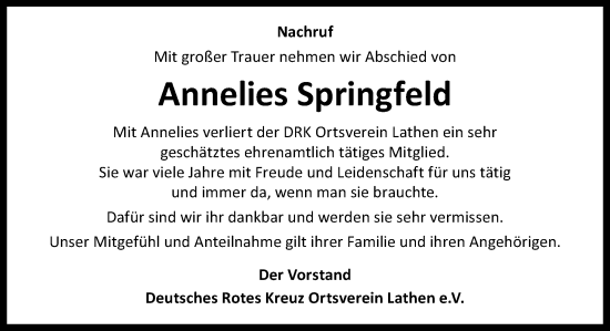 Traueranzeige von Annelies Springfeld von Neue Osnabrücker Zeitung GmbH & Co. KG