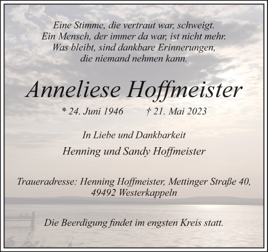 Traueranzeige von Anneliese Hoffmeister von Neue Osnabrücker Zeitung GmbH & Co. KG