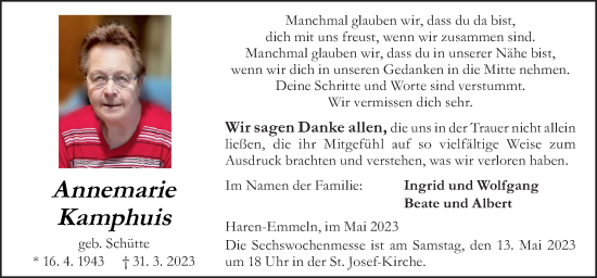 Traueranzeige von Annemarie Kamphuis von Neue Osnabrücker Zeitung GmbH & Co. KG