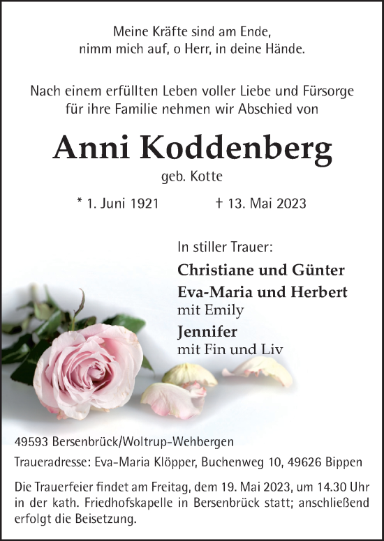 Traueranzeige von Anni Koddenberg von Neue Osnabrücker Zeitung GmbH & Co. KG