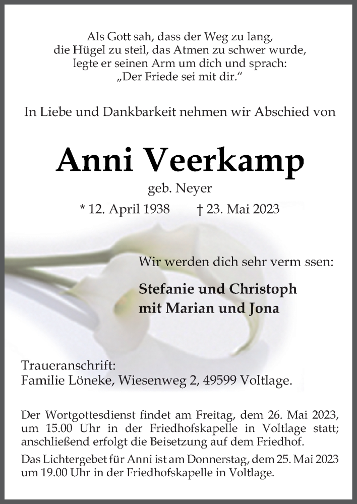  Traueranzeige für Anni Veerkamp vom 24.05.2023 aus Neue Osnabrücker Zeitung GmbH & Co. KG