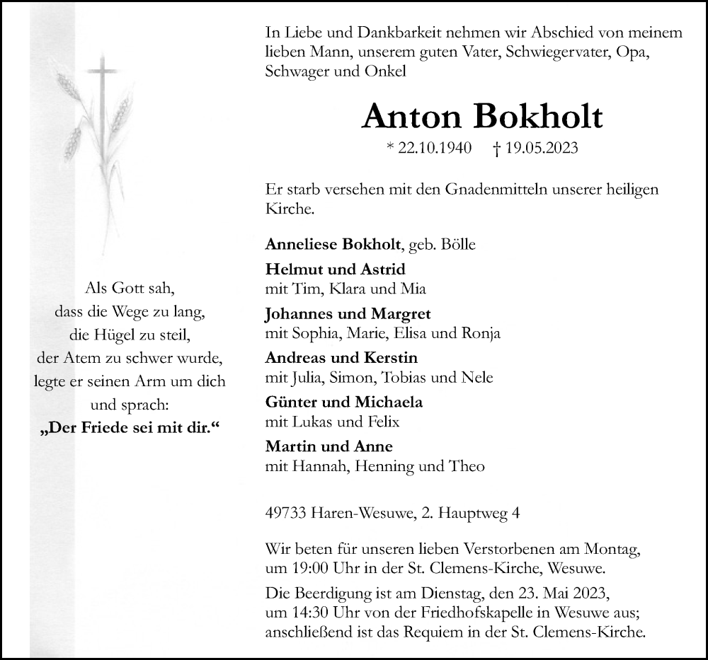  Traueranzeige für Anton Bokholt vom 22.05.2023 aus Neue Osnabrücker Zeitung GmbH & Co. KG