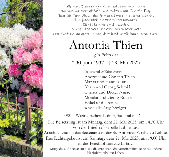 Traueranzeige von Antonia Thien von Neue Osnabrücker Zeitung GmbH & Co. KG