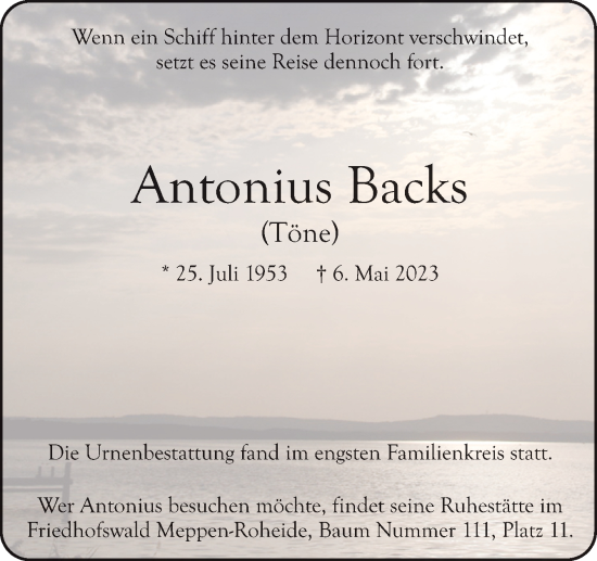 Traueranzeige von Antonius Backs von Neue Osnabrücker Zeitung GmbH & Co. KG