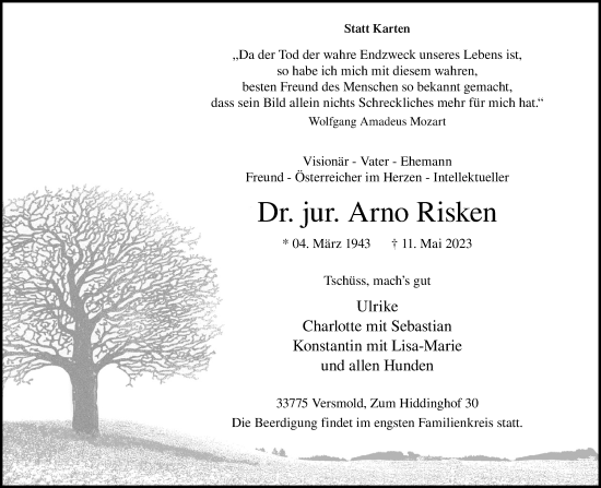 Traueranzeige von Arno Risken von Neue Osnabrücker Zeitung GmbH & Co. KG