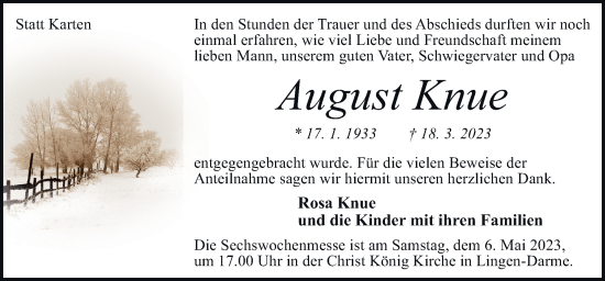 Traueranzeige von August Knue von Neue Osnabrücker Zeitung GmbH & Co. KG