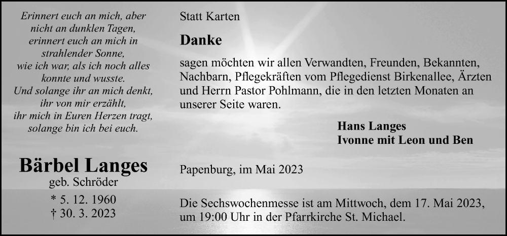  Traueranzeige für Bärbel Langes vom 13.05.2023 aus Neue Osnabrücker Zeitung GmbH & Co. KG