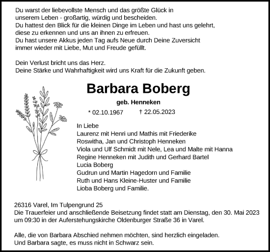 Traueranzeige von Barbara Boberg von Neue Osnabrücker Zeitung GmbH & Co. KG