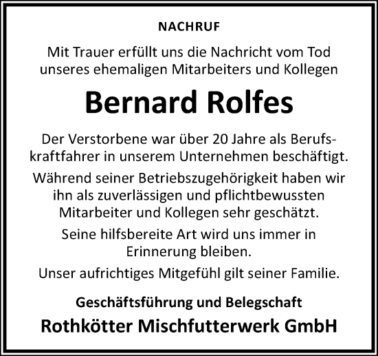 Traueranzeige von Bernard Rolfes von Neue Osnabrücker Zeitung GmbH & Co. KG