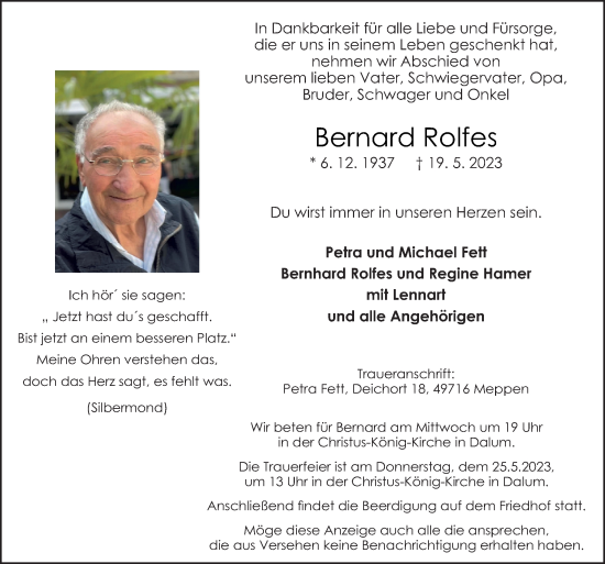 Traueranzeige von Bernard Rolfes von Neue Osnabrücker Zeitung GmbH & Co. KG