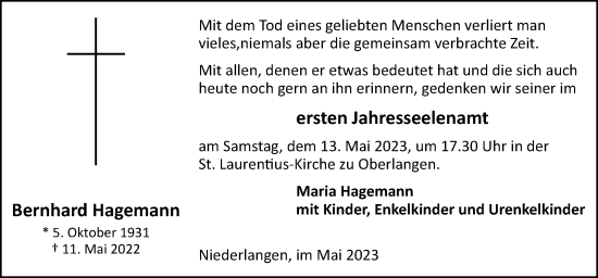 Traueranzeige von Bernhard Hagemann von Neue Osnabrücker Zeitung GmbH & Co. KG