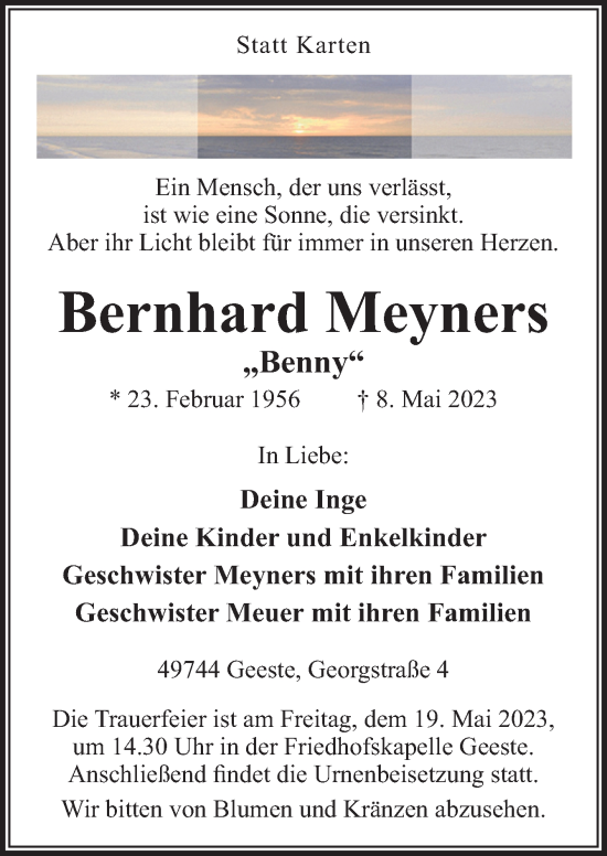 Traueranzeige von Bernhard Meyners von Neue Osnabrücker Zeitung GmbH & Co. KG