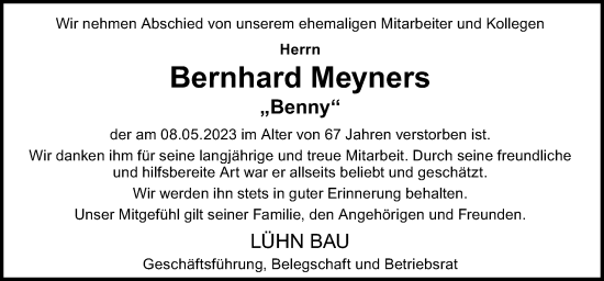 Traueranzeige von Bernhard Meyners von Neue Osnabrücker Zeitung GmbH & Co. KG