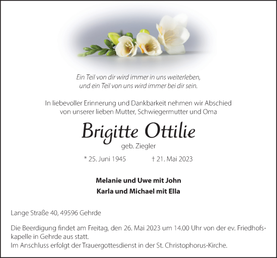 Traueranzeige von Brigitte Ottilie von Neue Osnabrücker Zeitung GmbH & Co. KG