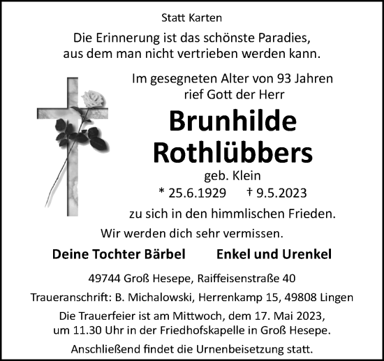 Traueranzeige von Brunhilde Rothlübbers von Neue Osnabrücker Zeitung GmbH & Co. KG