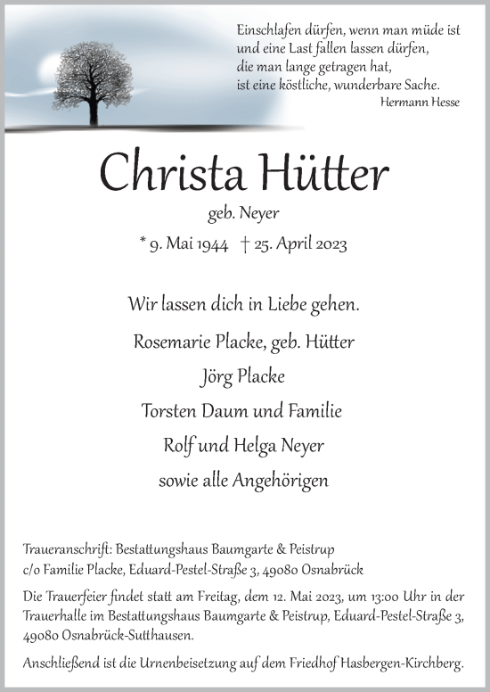Traueranzeige von Christa Hütter von Neue Osnabrücker Zeitung GmbH & Co. KG