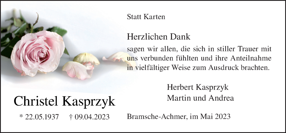  Traueranzeige für Christel Kasprzyk vom 13.05.2023 aus Neue Osnabrücker Zeitung GmbH & Co. KG