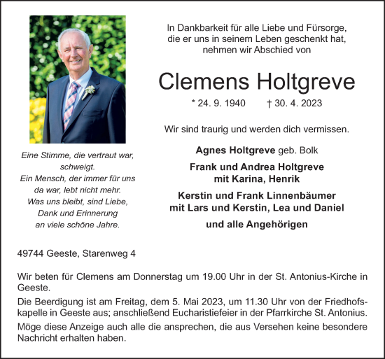 Traueranzeige von Clemens Holtgreve von Neue Osnabrücker Zeitung GmbH & Co. KG