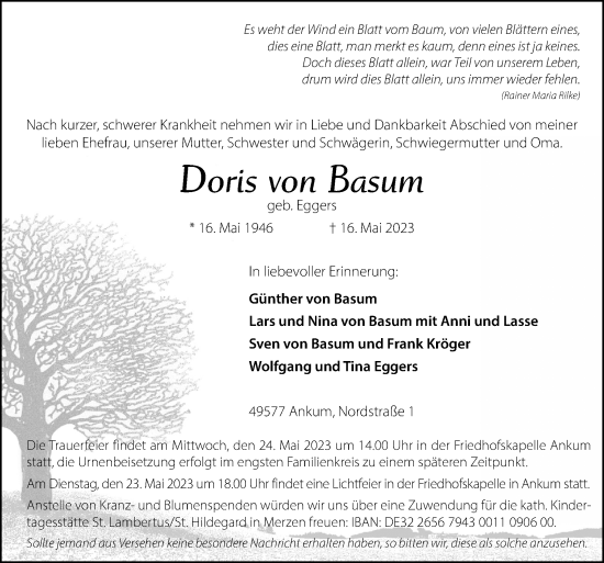 Traueranzeige von Doris von Basum von Neue Osnabrücker Zeitung GmbH & Co. KG