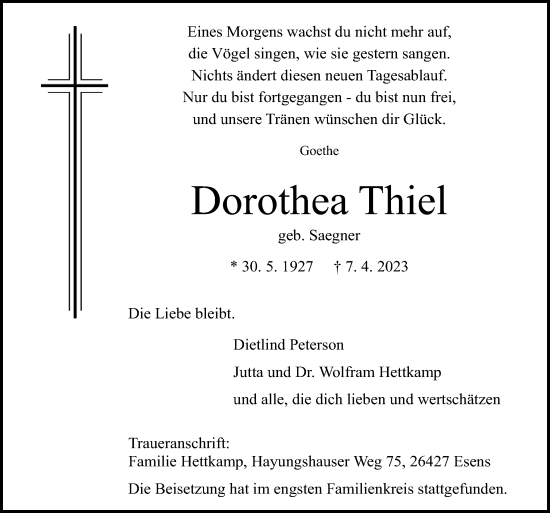 Traueranzeige von Dorothea Thiel von Neue Osnabrücker Zeitung GmbH & Co. KG