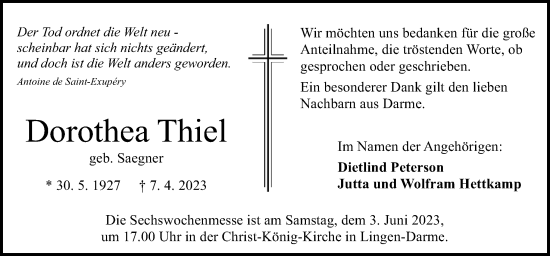 Traueranzeige von Dorothea Thiel von Neue Osnabrücker Zeitung GmbH & Co. KG