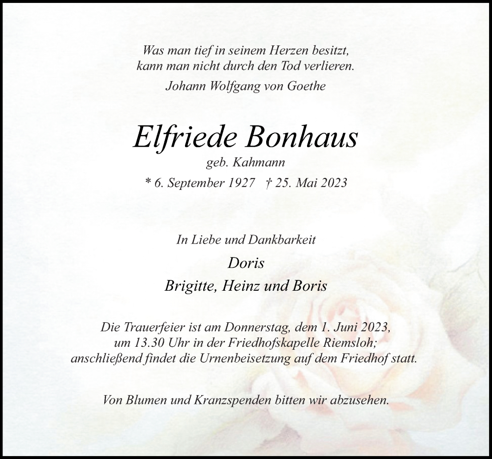  Traueranzeige für Elfriede Bonhaus vom 27.05.2023 aus Neue Osnabrücker Zeitung GmbH & Co. KG