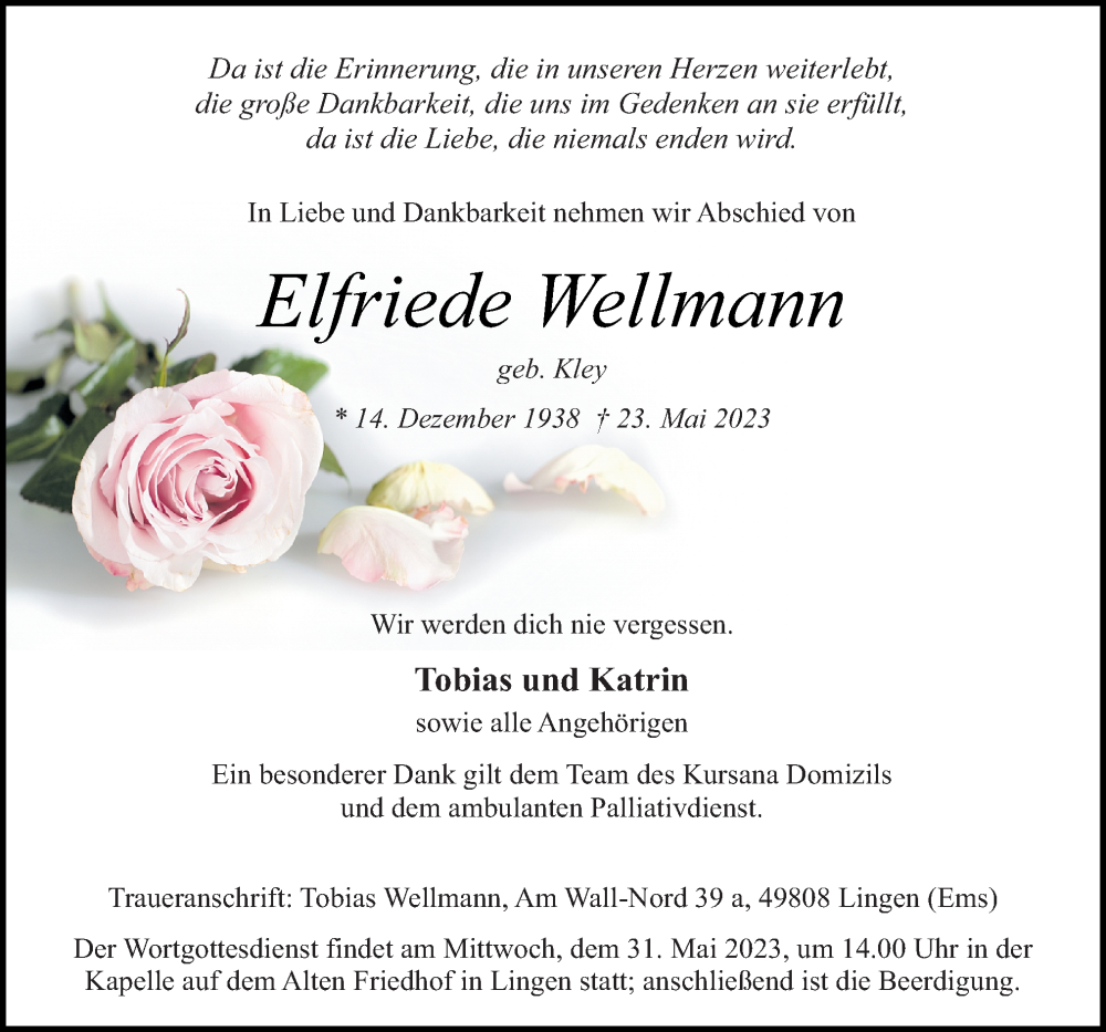  Traueranzeige für Elfriede Wellmann vom 26.05.2023 aus Neue Osnabrücker Zeitung GmbH & Co. KG