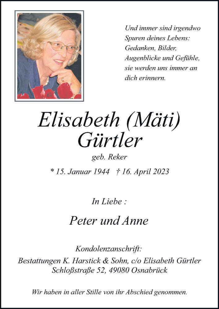  Traueranzeige für Elisabeth Gürtler vom 06.05.2023 aus Neue Osnabrücker Zeitung GmbH & Co. KG