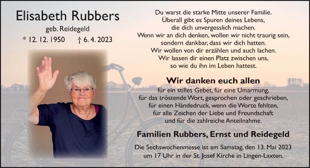  Traueranzeige für Elisabeth Rubbers vom 06.05.2023 aus Neue Osnabrücker Zeitung GmbH & Co. KG