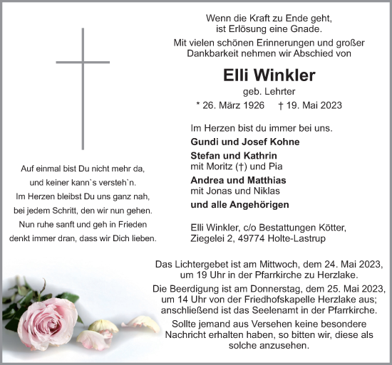 Traueranzeige von Elli Winkler von Neue Osnabrücker Zeitung GmbH & Co. KG