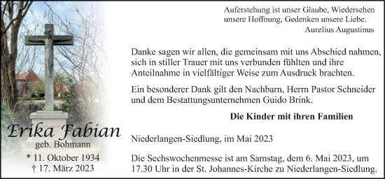 Traueranzeige von Erika Fabian von Neue Osnabrücker Zeitung GmbH & Co. KG