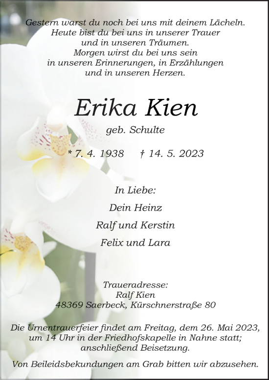 Traueranzeige von Erika Kien von Neue Osnabrücker Zeitung GmbH & Co. KG