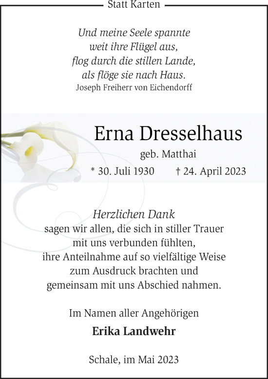 Traueranzeige von Erna Dresselhaus von Neue Osnabrücker Zeitung GmbH & Co. KG
