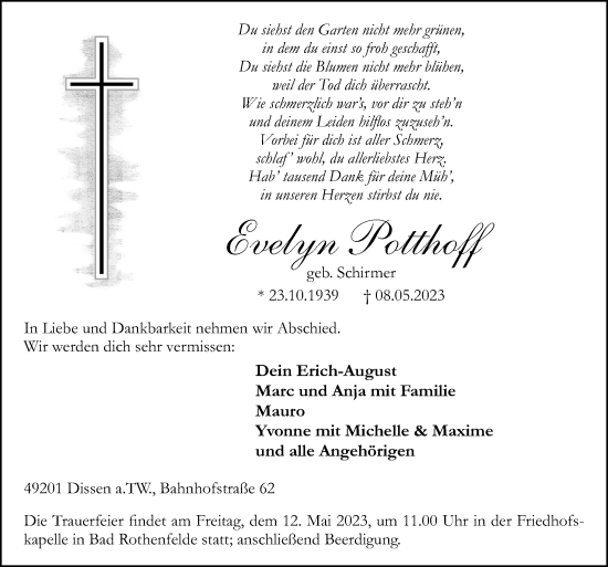 Traueranzeige von Evelyn Potthoff von Neue Osnabrücker Zeitung GmbH & Co. KG