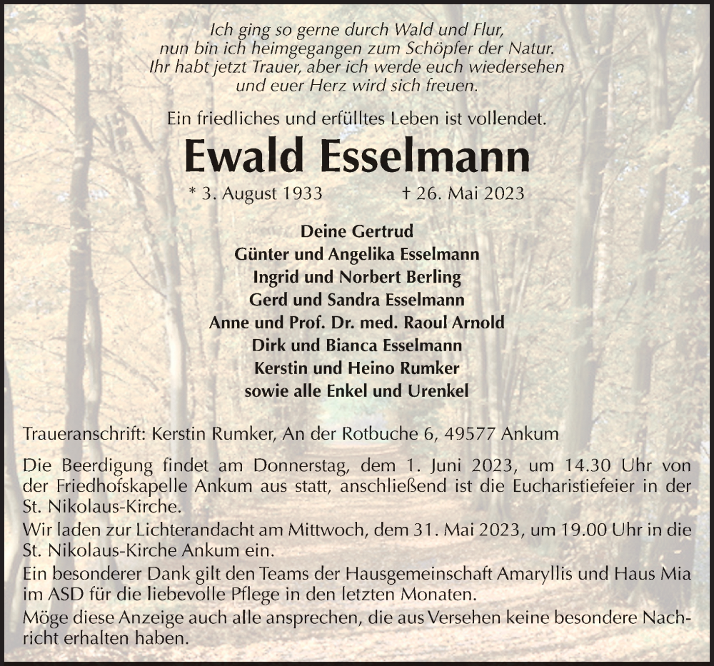  Traueranzeige für Ewald Esselmann vom 30.05.2023 aus Neue Osnabrücker Zeitung GmbH & Co. KG