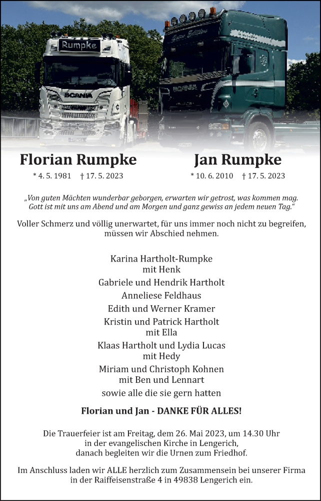  Traueranzeige für Florian und Jan Rumpke vom 22.05.2023 aus Neue Osnabrücker Zeitung GmbH & Co. KG