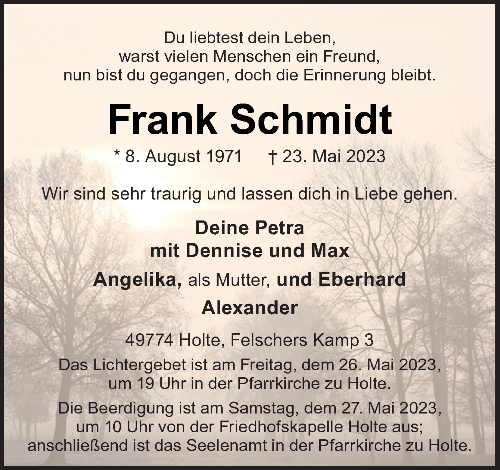  Traueranzeige für Frank Schmidt vom 25.05.2023 aus Neue Osnabrücker Zeitung GmbH & Co. KG