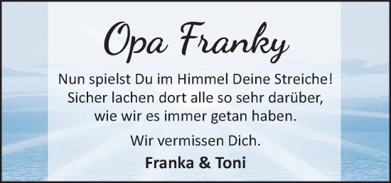 Traueranzeige von Franky  von Neue Osnabrücker Zeitung GmbH & Co. KG