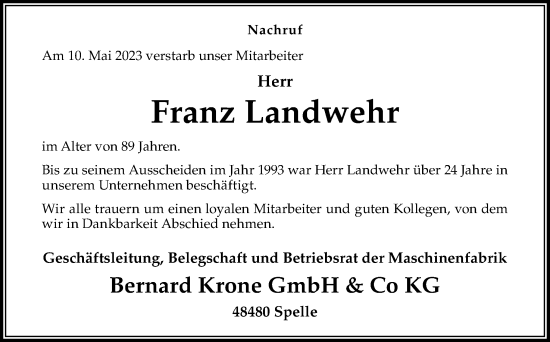 Traueranzeige von Franz Landwehr von Neue Osnabrücker Zeitung GmbH & Co. KG