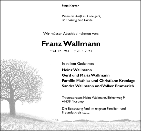 Traueranzeige von Franz Wallmann von Neue Osnabrücker Zeitung GmbH & Co. KG